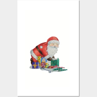 Cute santa with toys wrapping gifts for christmas Posters and Art